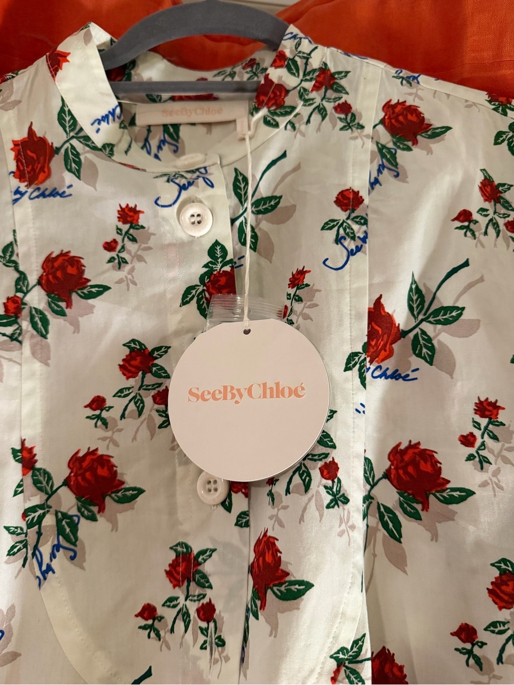 See by Chloe women’s Floral Button-Front Dress - White with Red Roses NWT - Picture 2 of 6